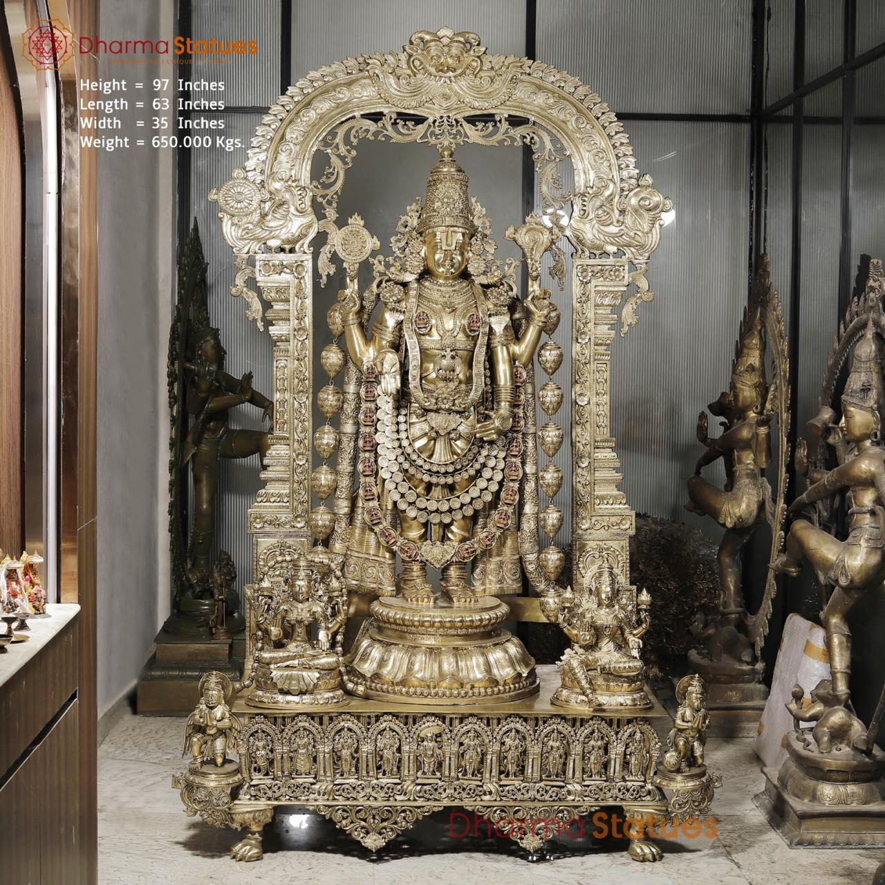 Bronze Tirupati Balaji Standing with Sridevi, Bhudevi and Arch 97” (Made in Thrissur)