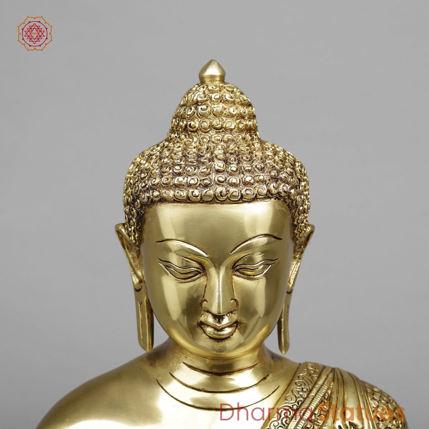 Brass Buddha Seated Full Robbed Blessing, Fine Golden Finish 22”