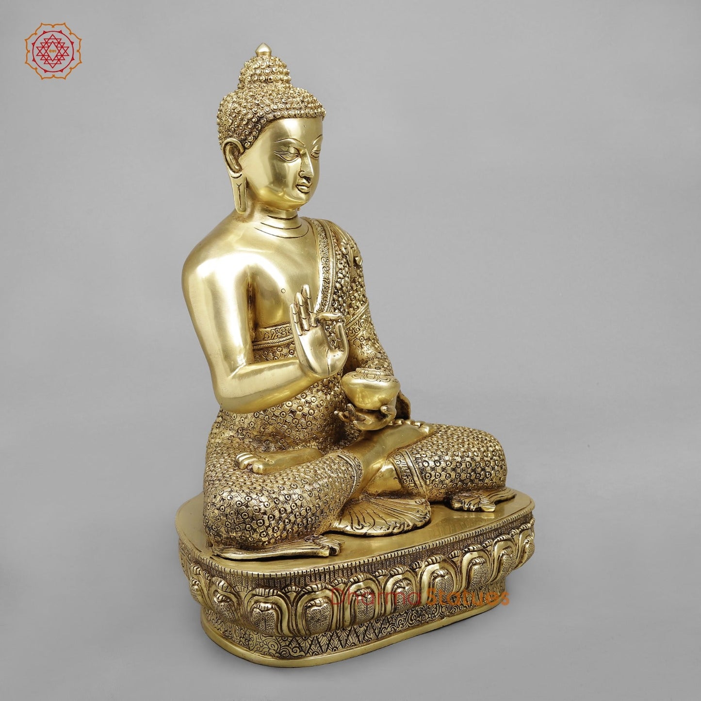 Brass Buddha Seated Full Robbed Blessing, Fine Golden Finish 22”