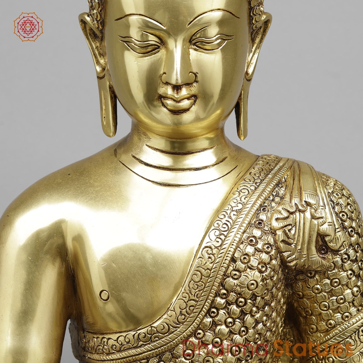 Brass Buddha Seated Full Robbed Sakyamuni (Earth Touching), Fine Golden Finish 22”