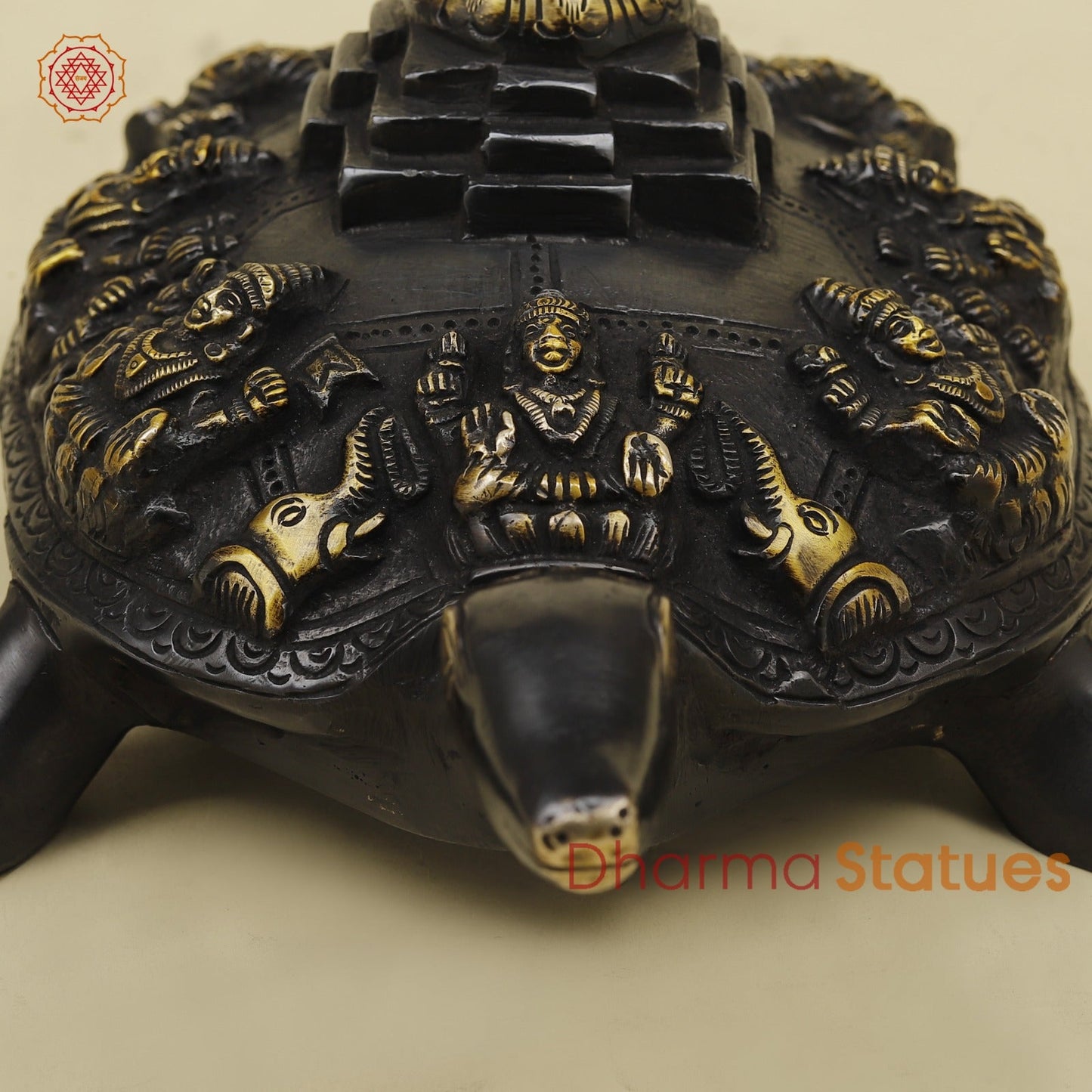 Brass Ashtlakshmi Tortoise with Meru on top, Black golden Finish 7”
