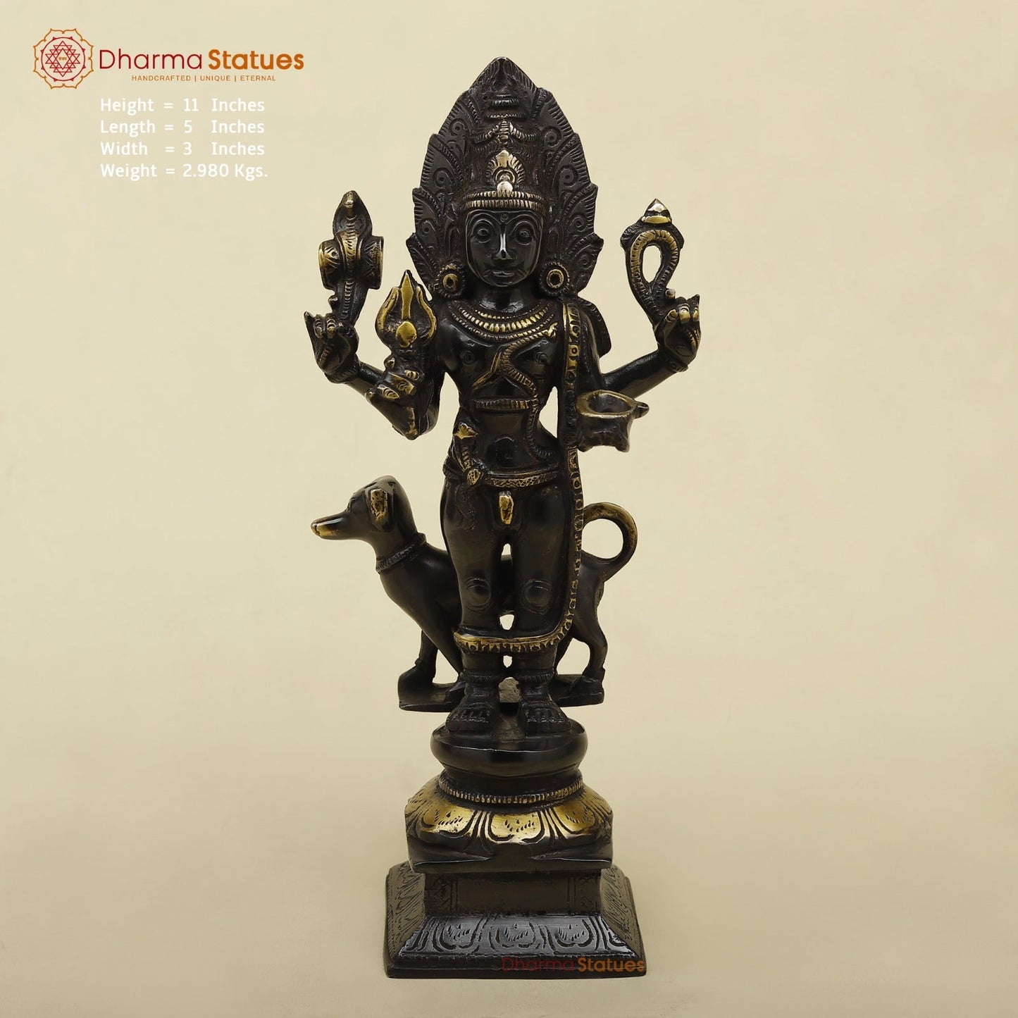 Brass Bhairo Standing Fine, Black and gold Finish 11”