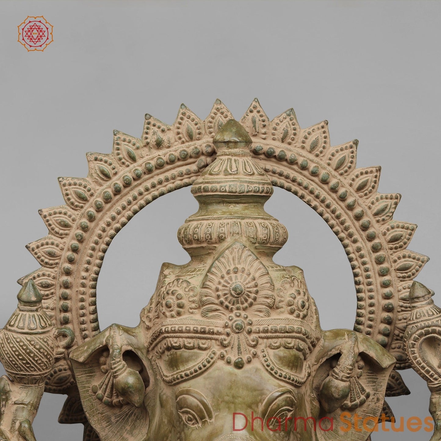 Brass Ganesh Seated on Pedestal, Green Patina Finish 45”