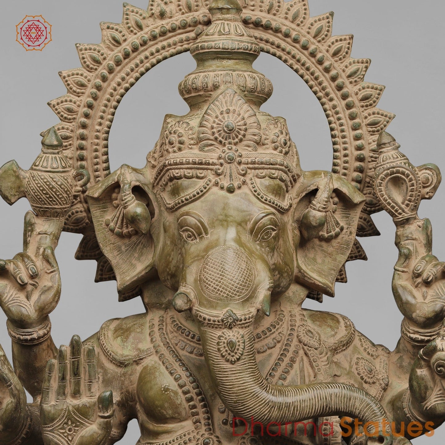 Brass Ganesh Seated on Pedestal, Green Patina Finish 45”