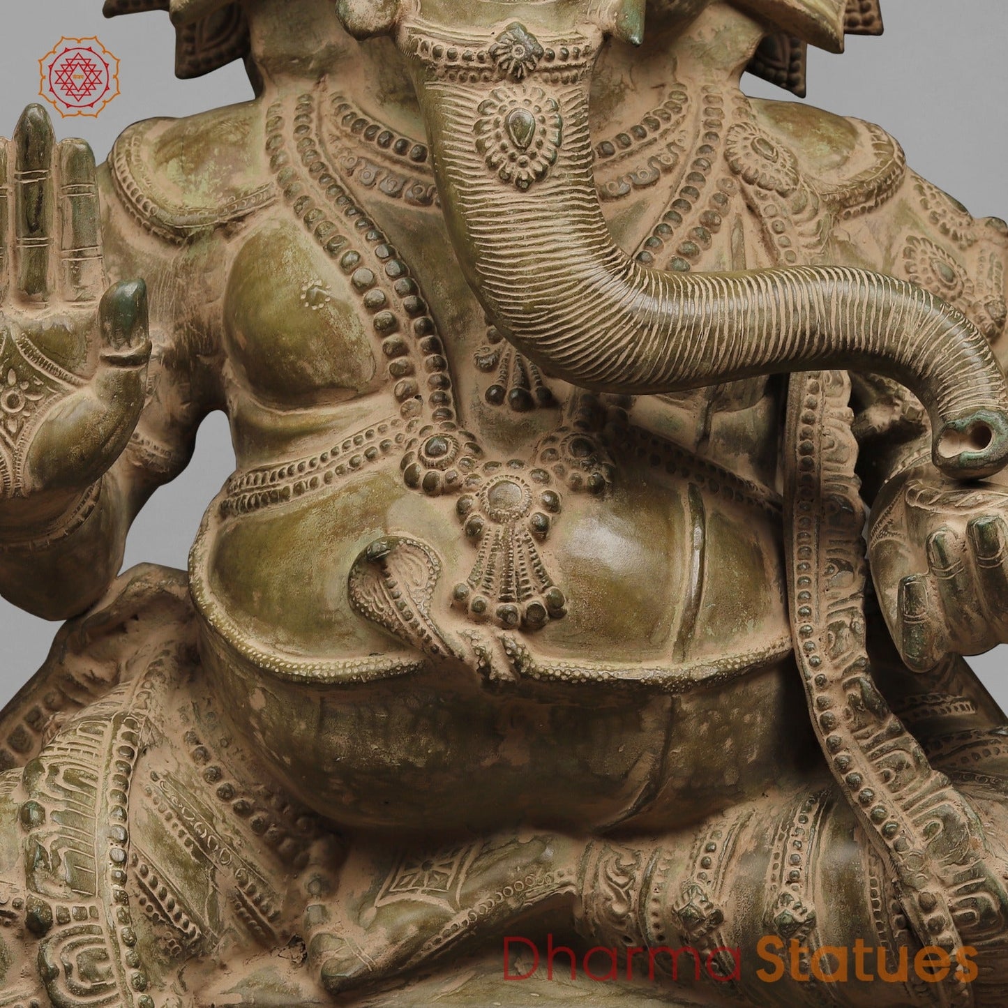 Brass Ganesh Seated on Pedestal, Green Patina Finish 45”