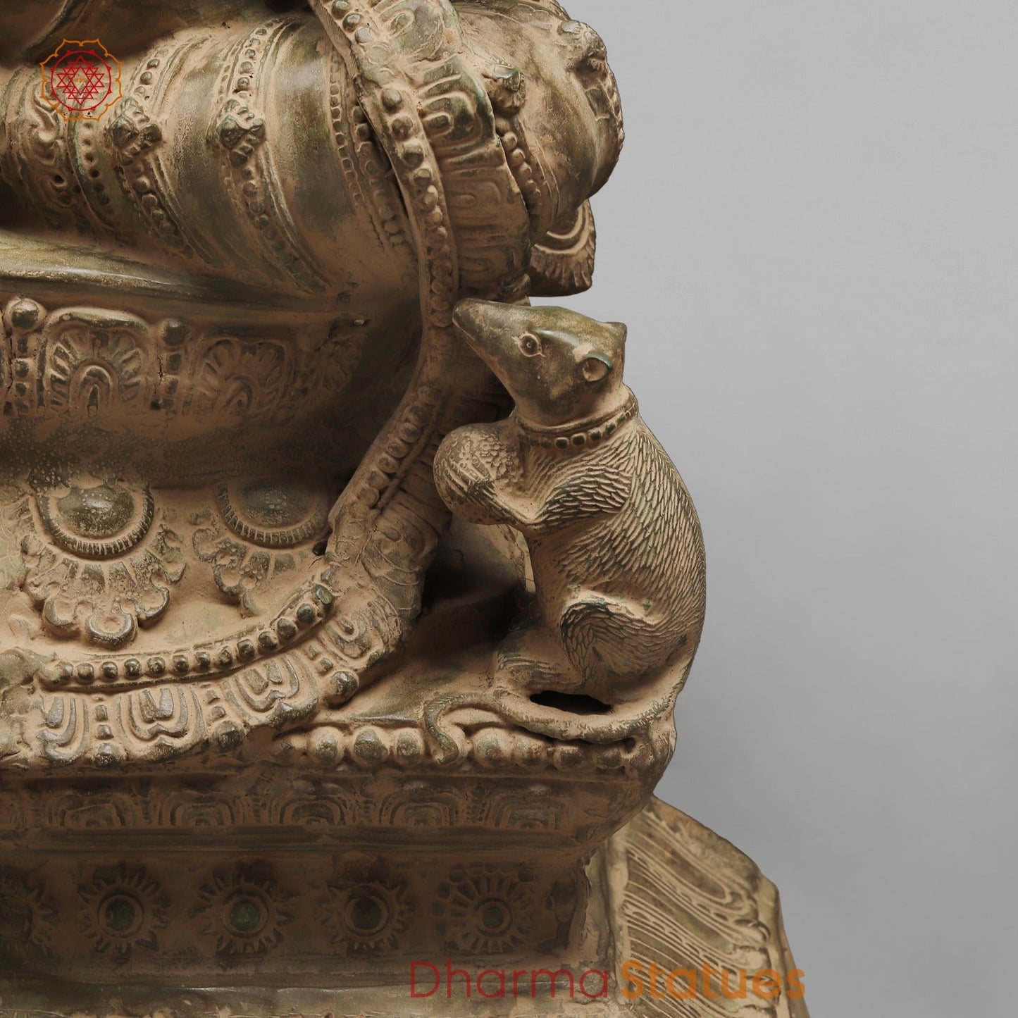 Brass Ganesh Seated on Pedestal, Green Patina Finish 45”