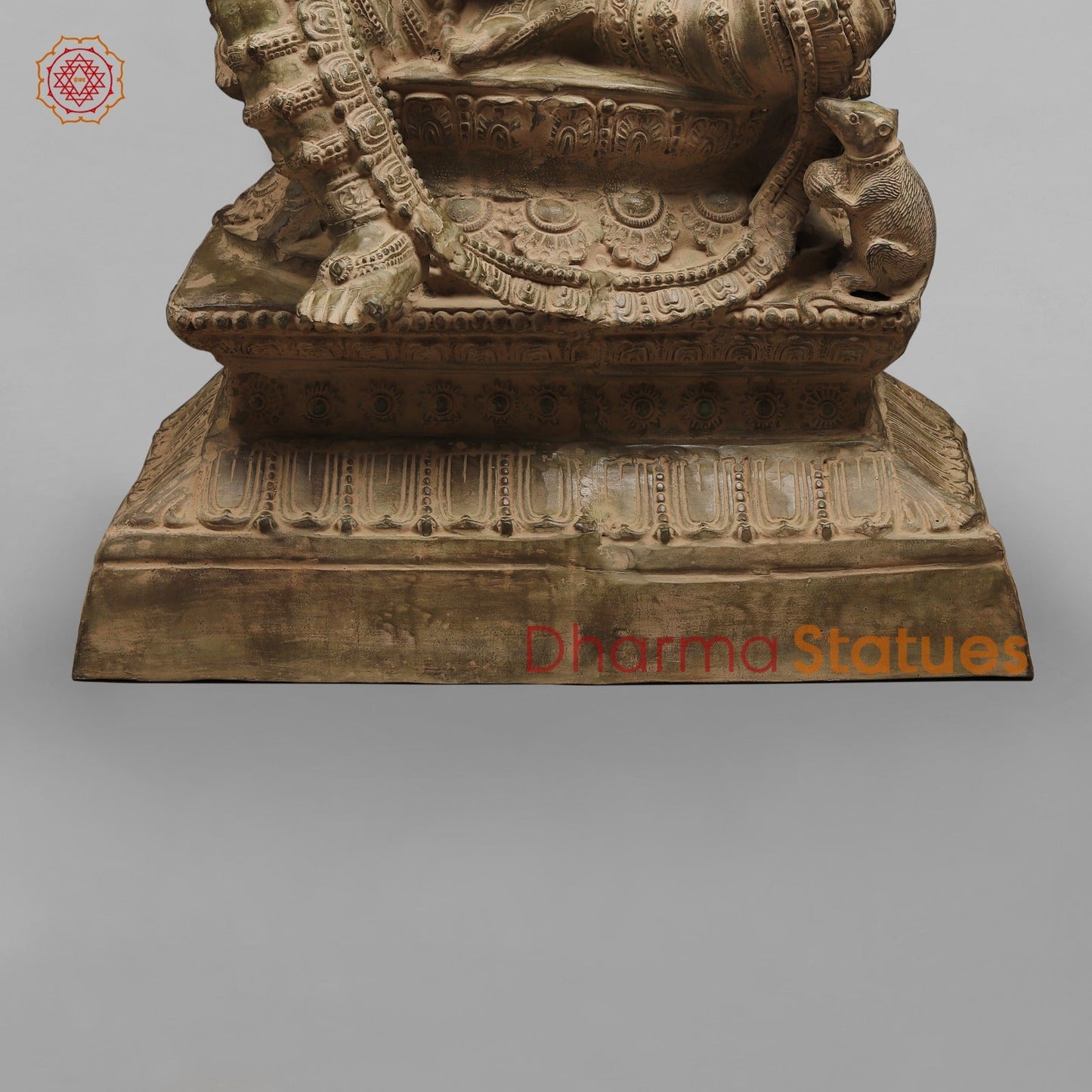 Brass Ganesh Seated on Pedestal, Green Patina Finish 45”