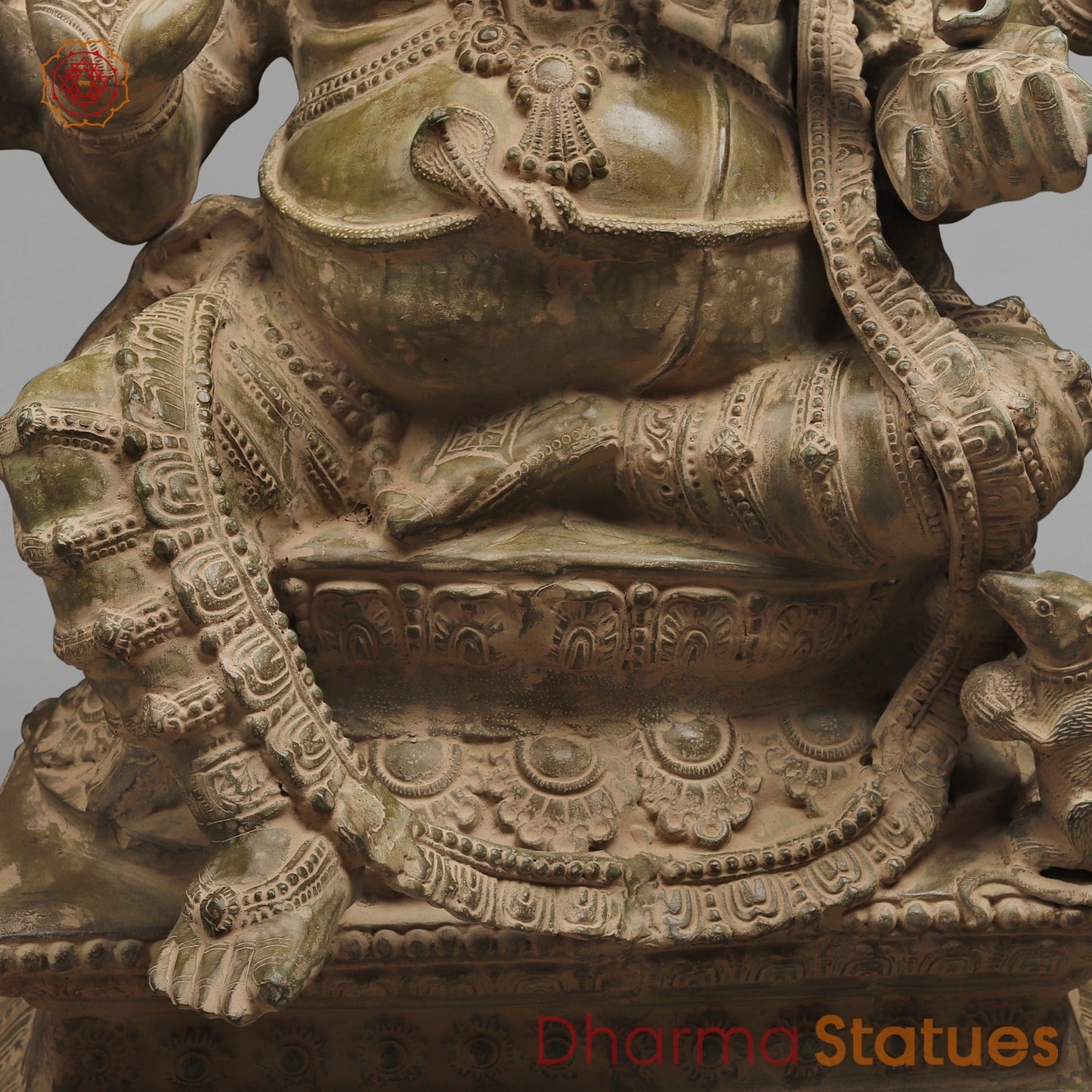 Brass Ganesh Seated on Pedestal, Green Patina Finish 45”