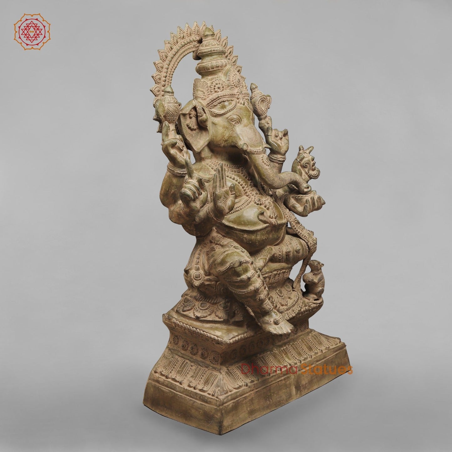 Brass Ganesh Seated on Pedestal, Green Patina Finish 45”