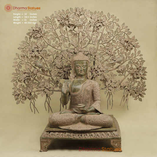 Brass Buddha Seated With Tree, Green Patina Finish 32”