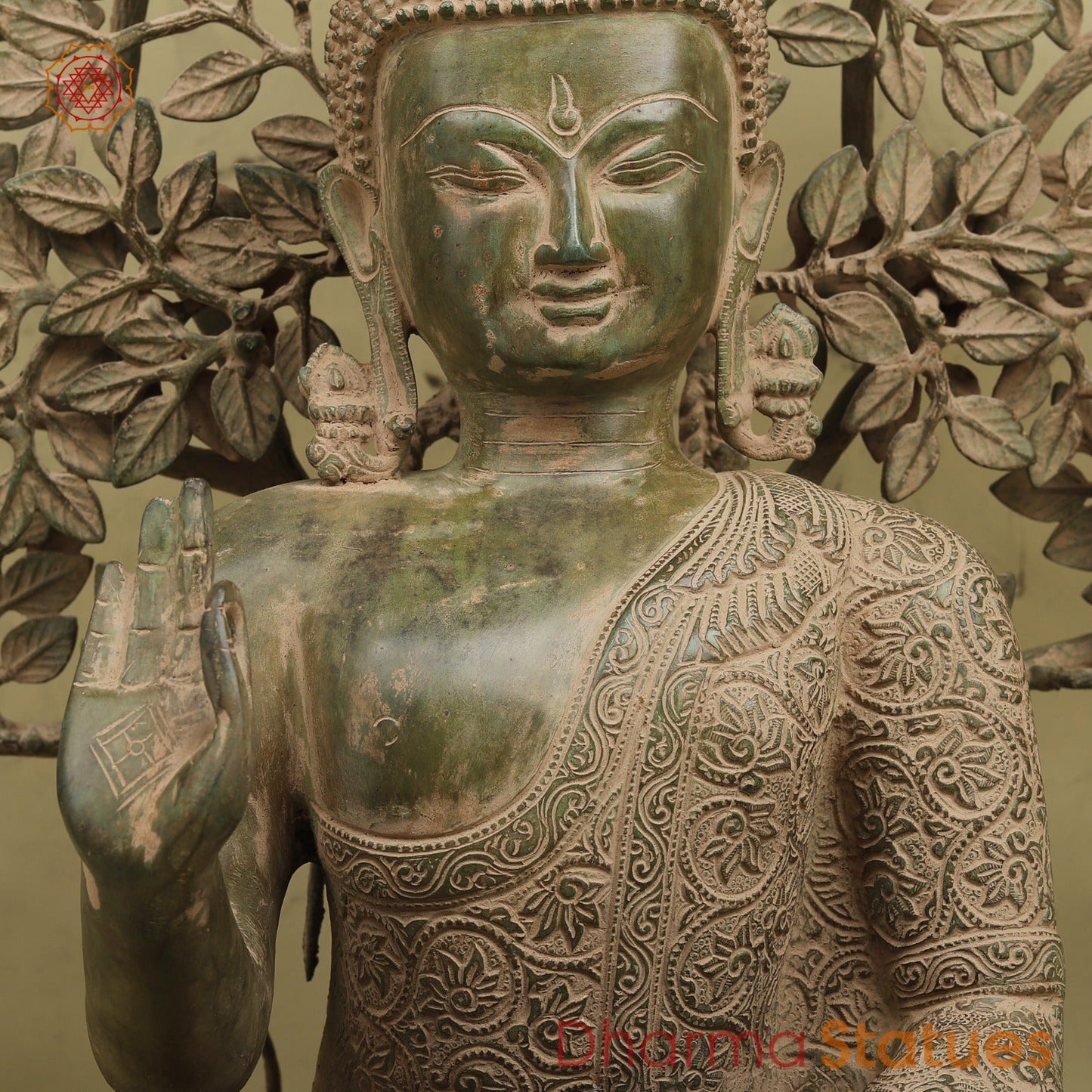 Brass Buddha Seated With Tree, Green Patina Finish 32”