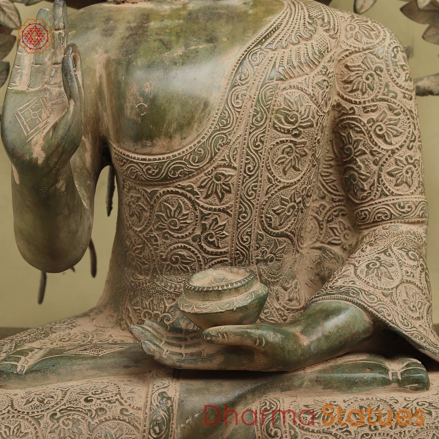 Brass Buddha Seated With Tree, Green Patina Finish 32”