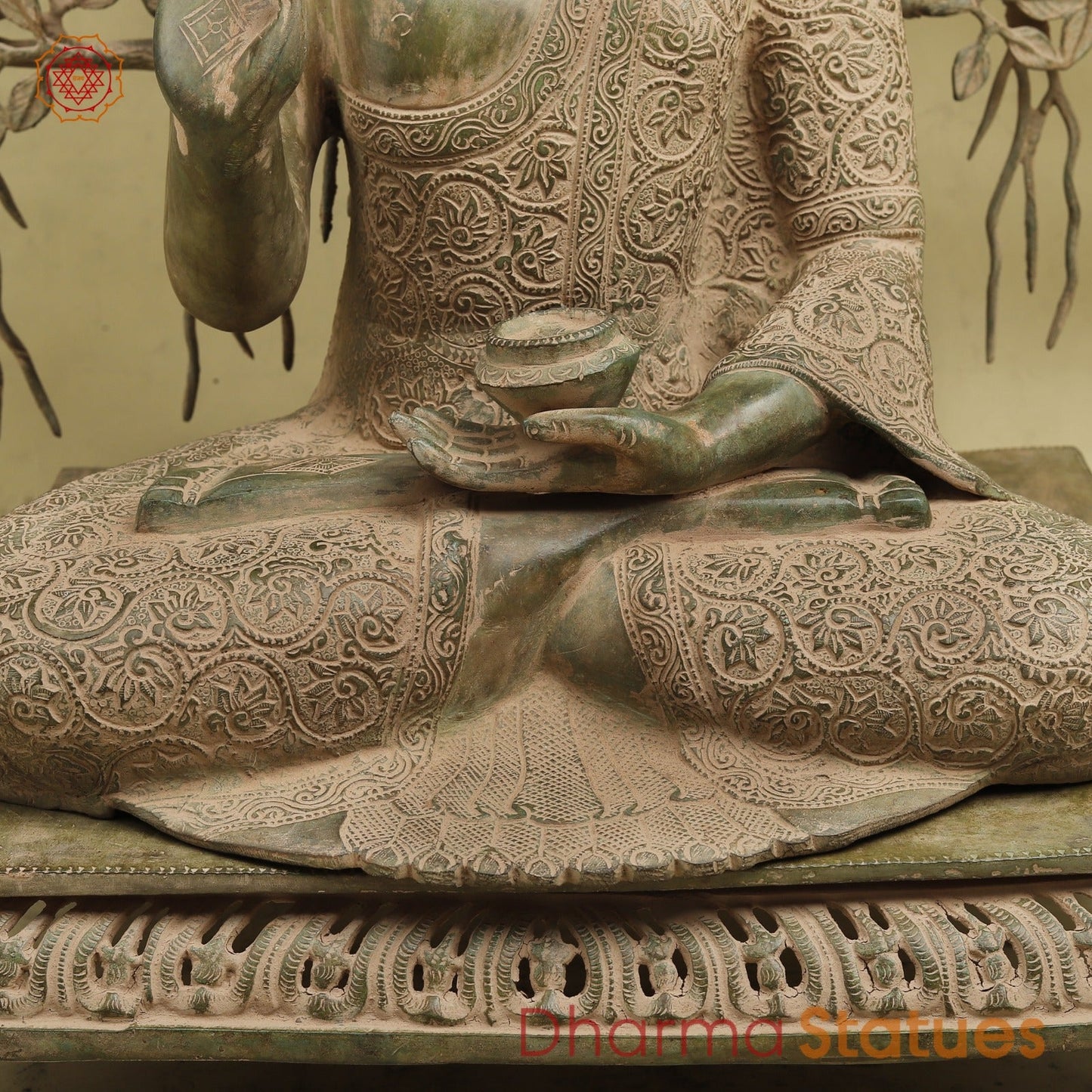 Brass Buddha Seated With Tree, Green Patina Finish 32”