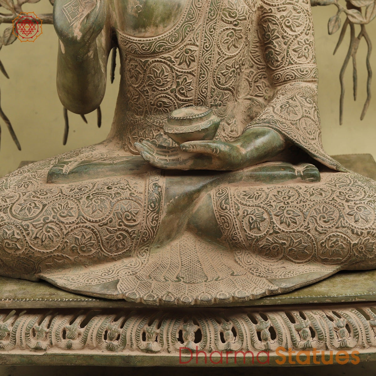 Brass Buddha Seated With Tree, Green Patina Finish 32”