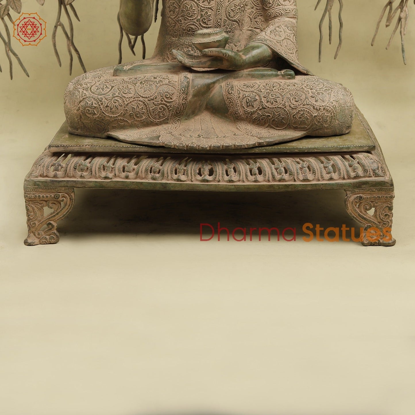 Brass Buddha Seated With Tree, Green Patina Finish 32”