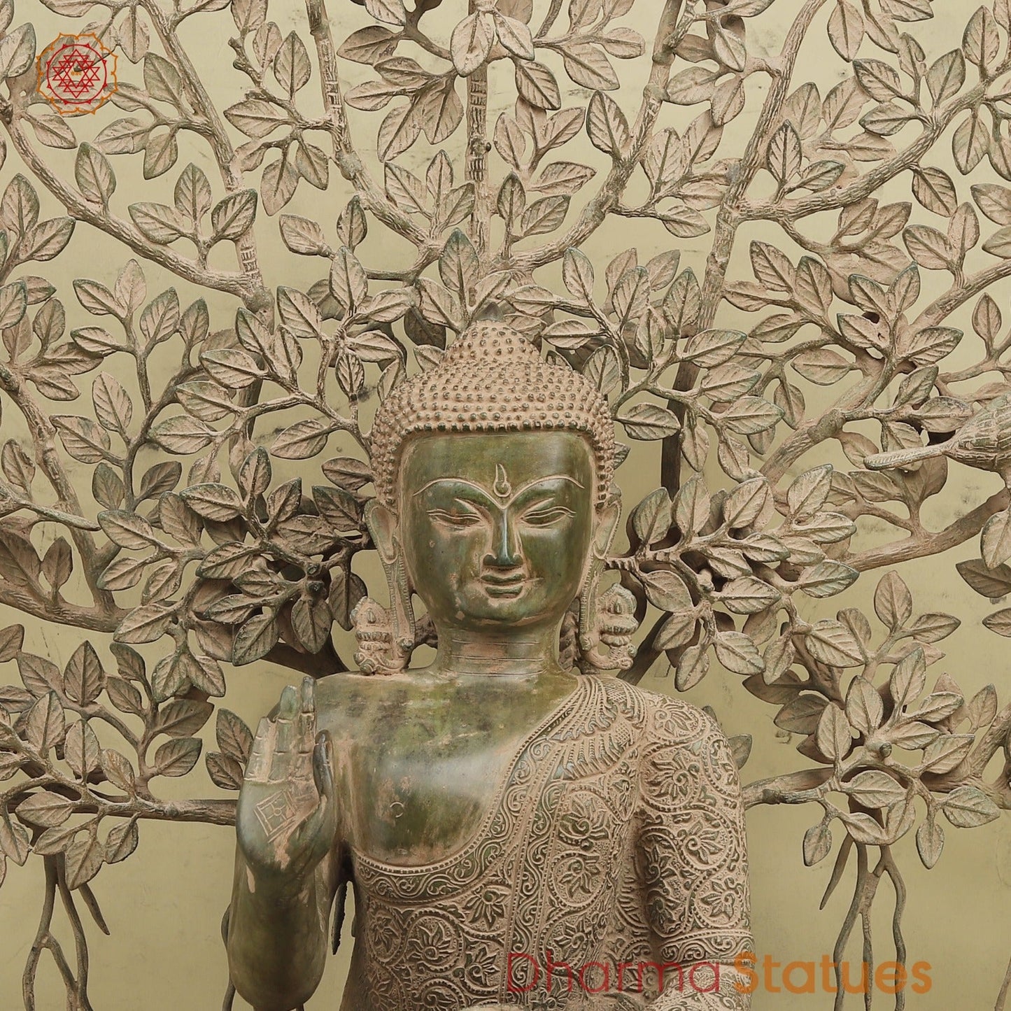 Brass Buddha Seated With Tree, Green Patina Finish 32”