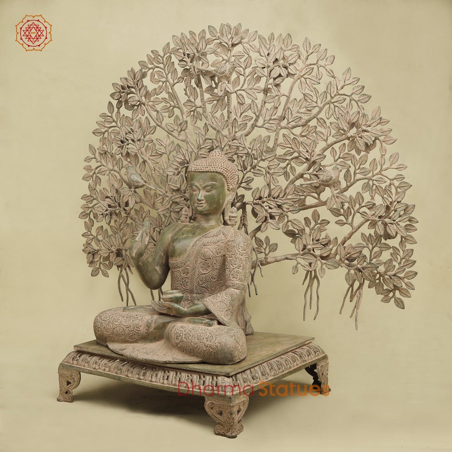 Brass Buddha Seated With Tree, Green Patina Finish 32”