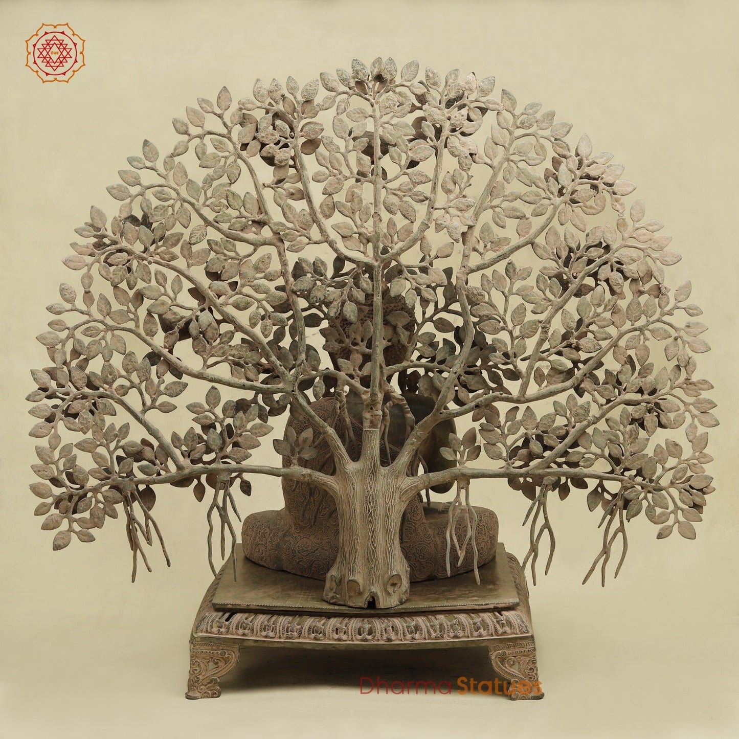 Brass Buddha Seated With Tree, Green Patina Finish 32”