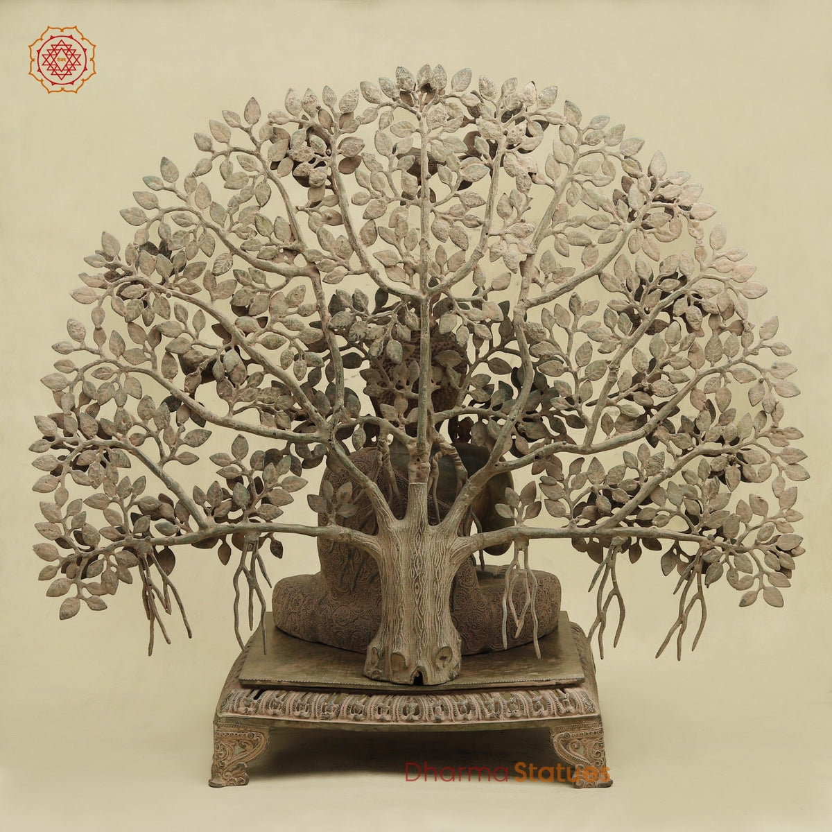 Brass Buddha Seated With Tree, Green Patina Finish 32”