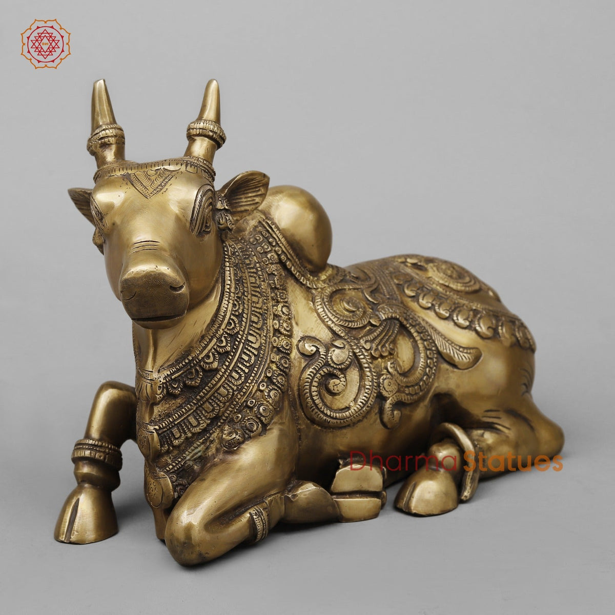 Brass Nandi seated With Carving Fine, Antique Finish 13”