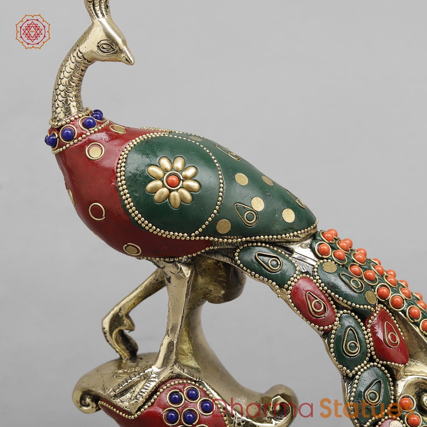 Brass Peacock Standing Fine, Stone work 12”