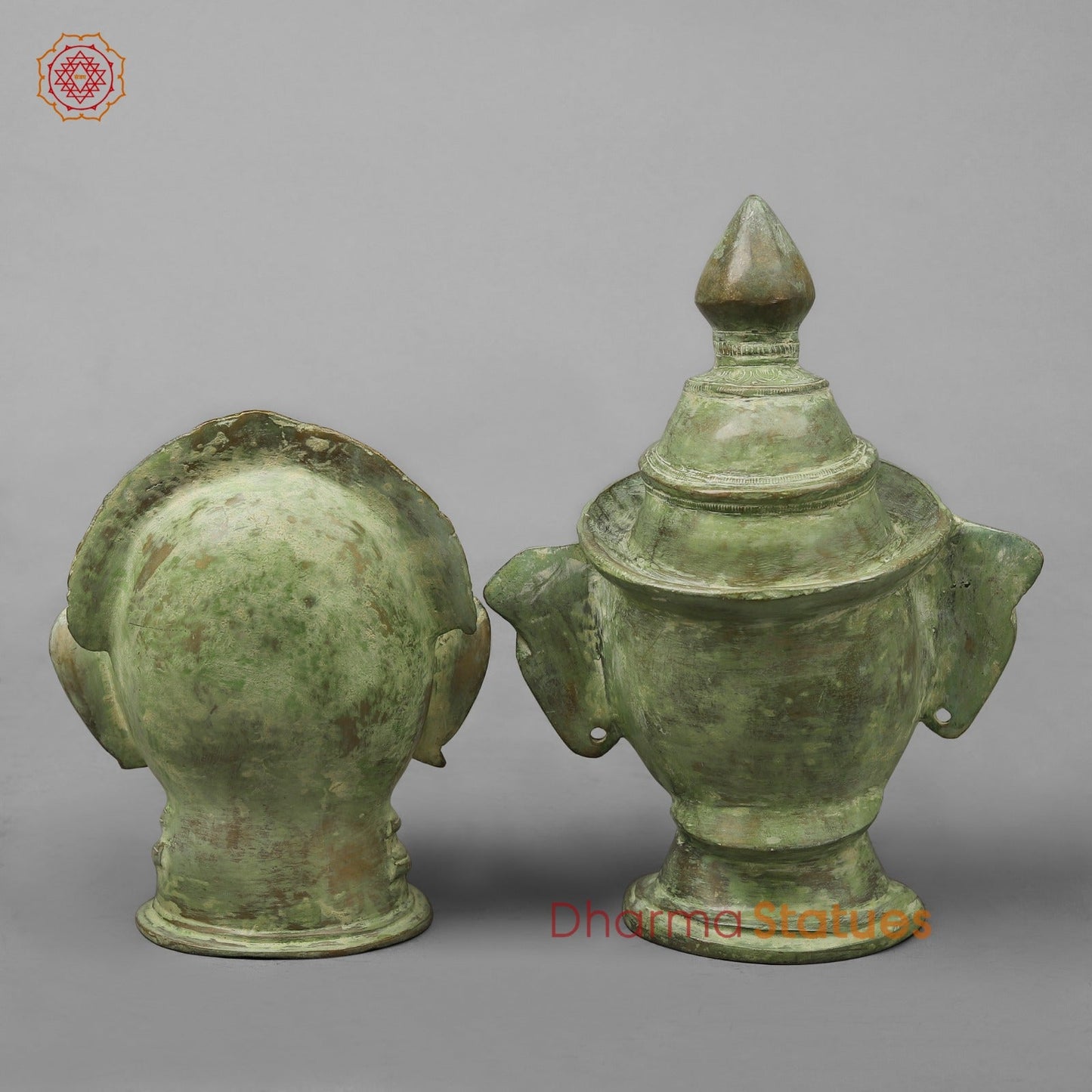 Brass Shiva Parwati Head, Green Leaf Patina 10”
