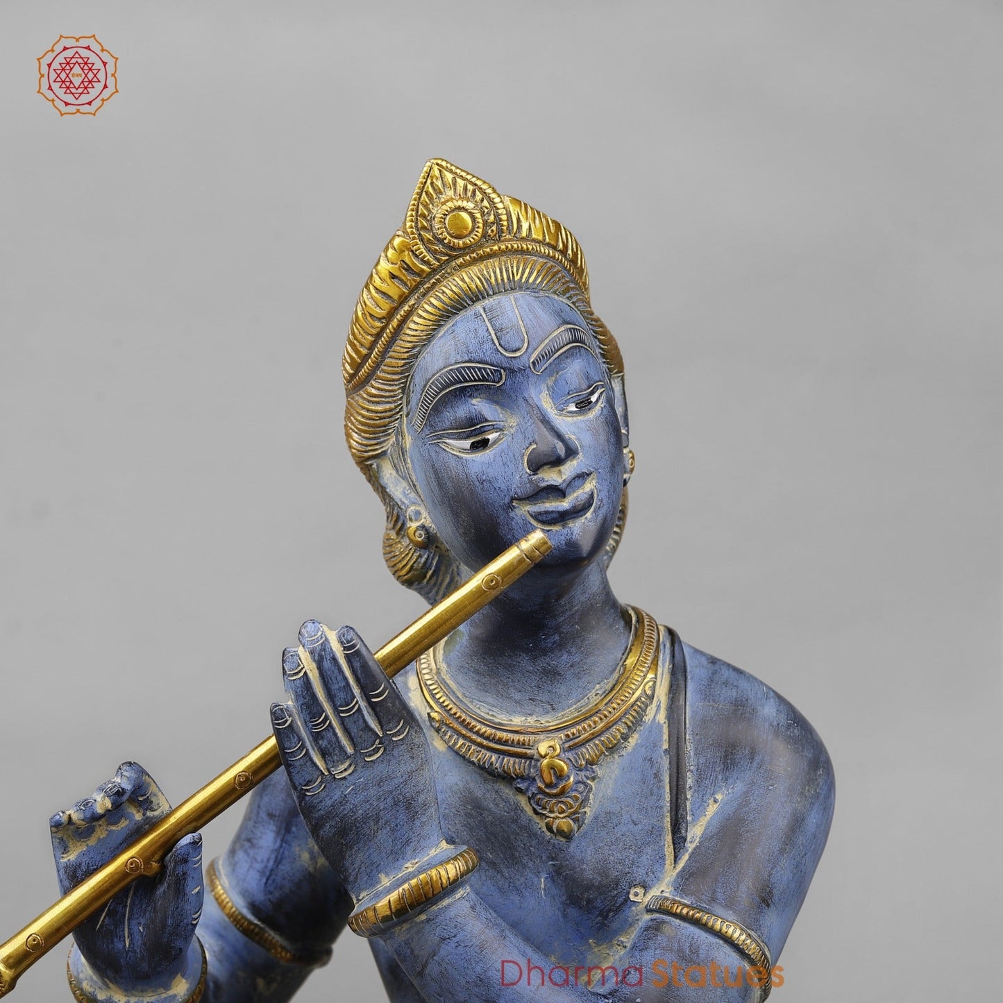 Brass Krishna With Peacock Fine, Antique Turquoise finish 29”