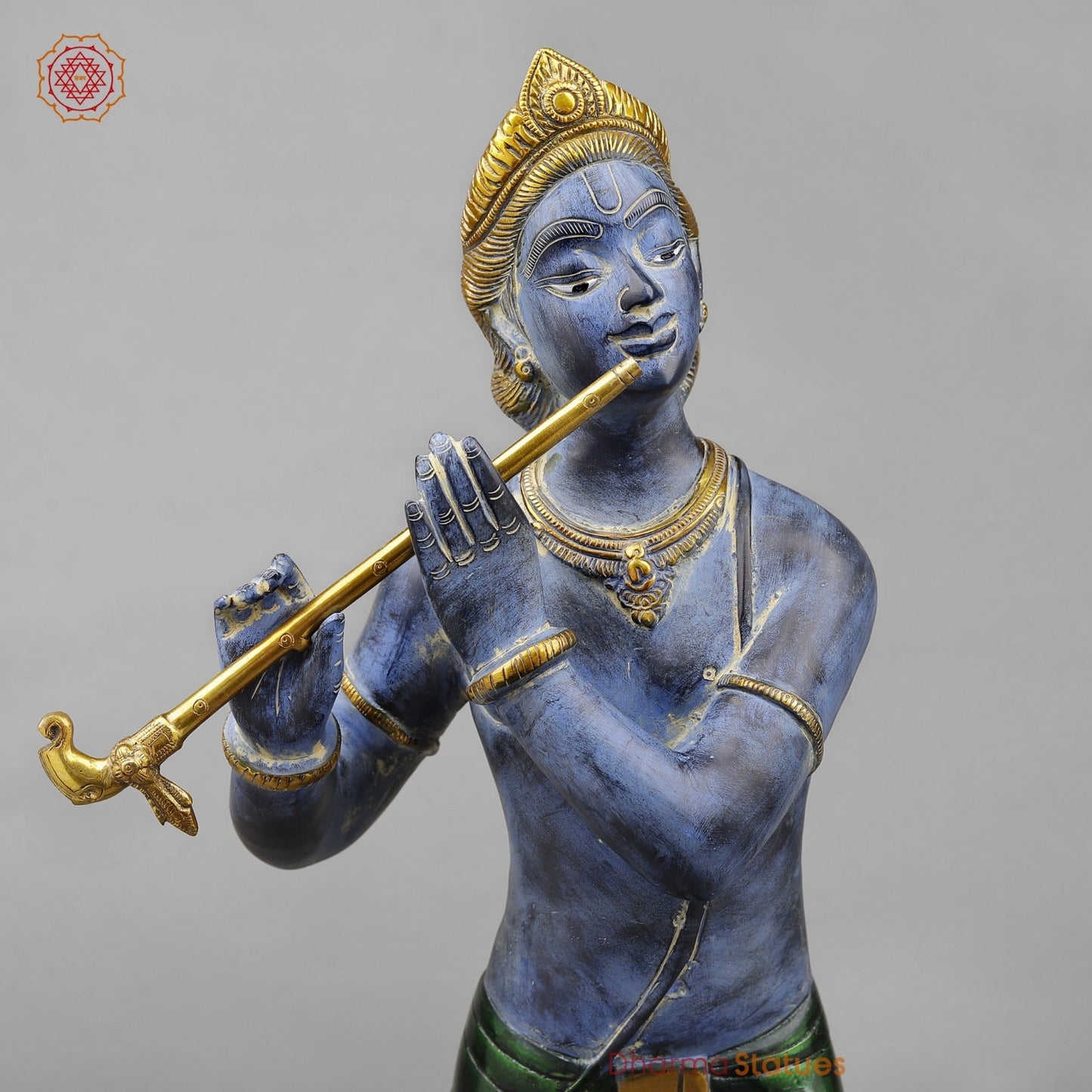 Brass Krishna With Peacock Fine, Antique Turquoise finish 29”
