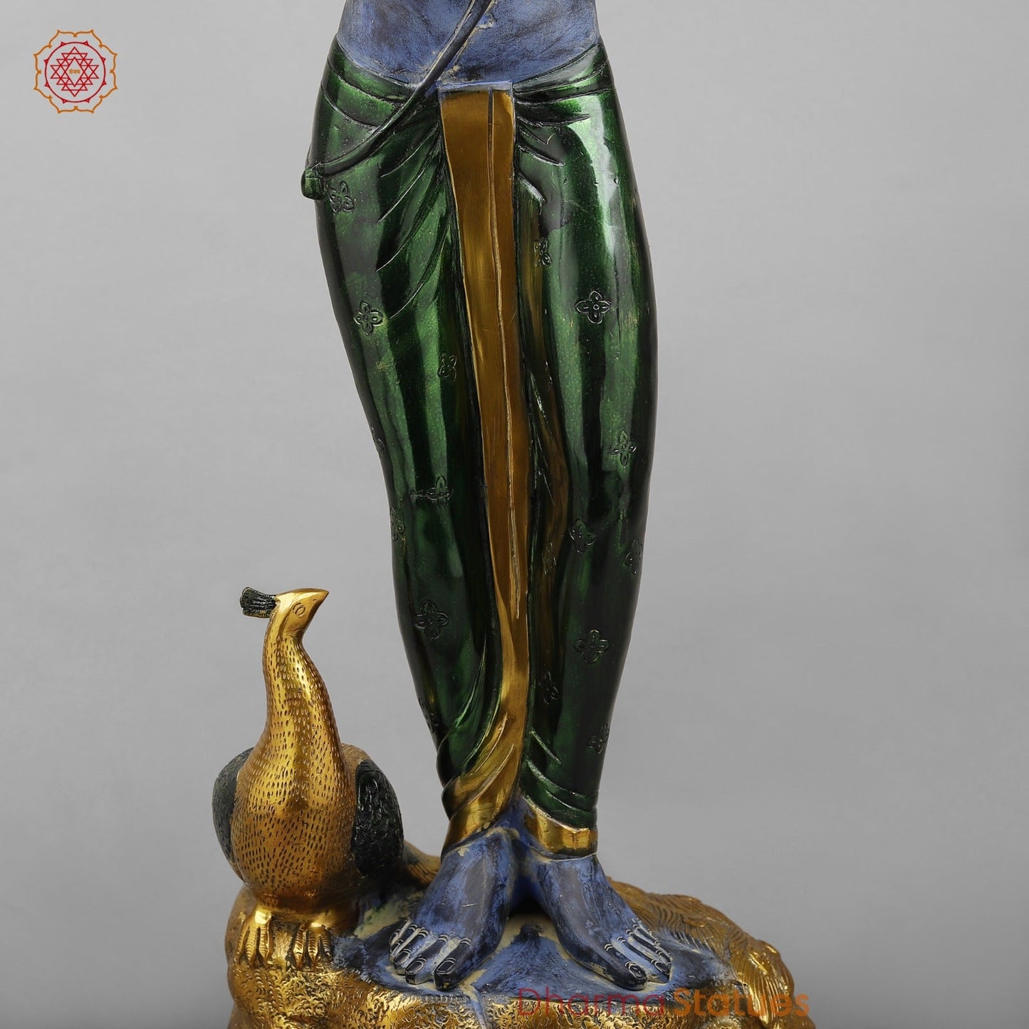 Brass Krishna With Peacock Fine, Antique Turquoise finish 29”