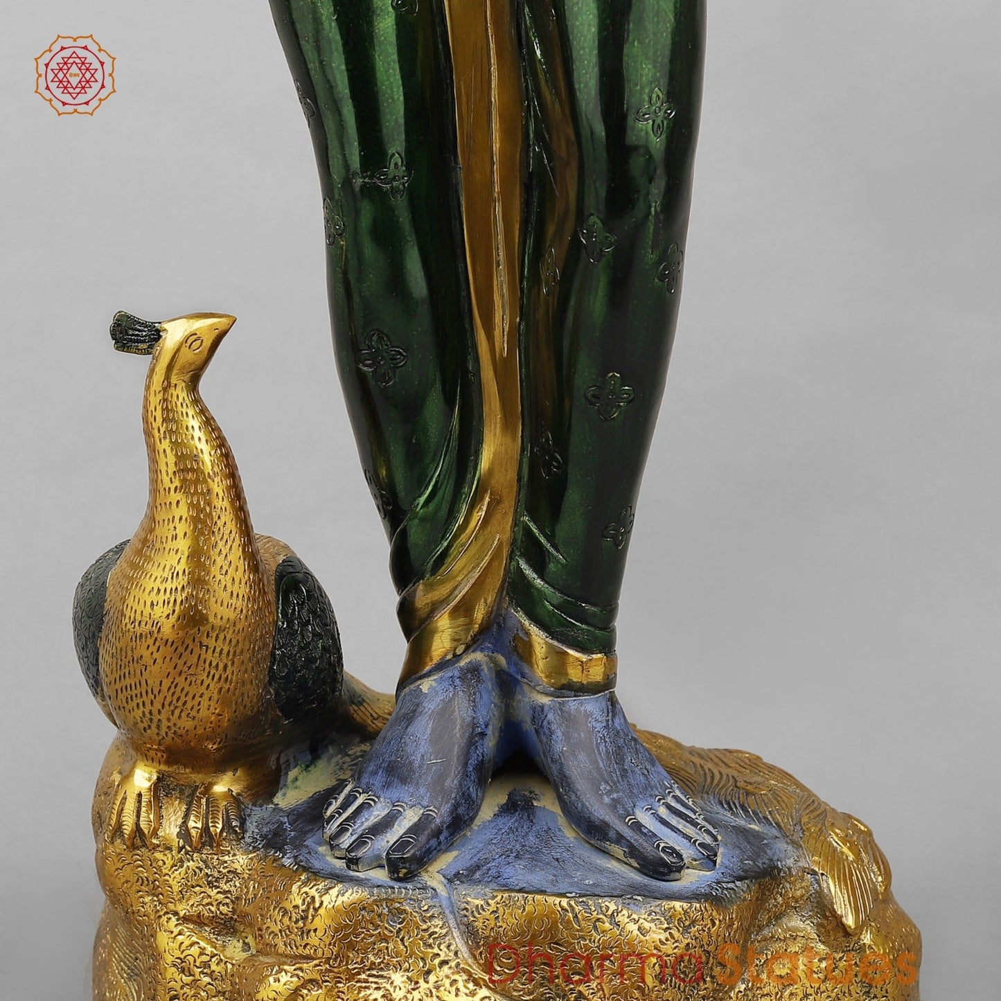 Brass Krishna With Peacock Fine, Antique Turquoise finish 29”