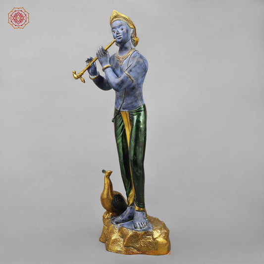 Brass Krishna With Peacock Fine, Antique Turquoise finish 29”