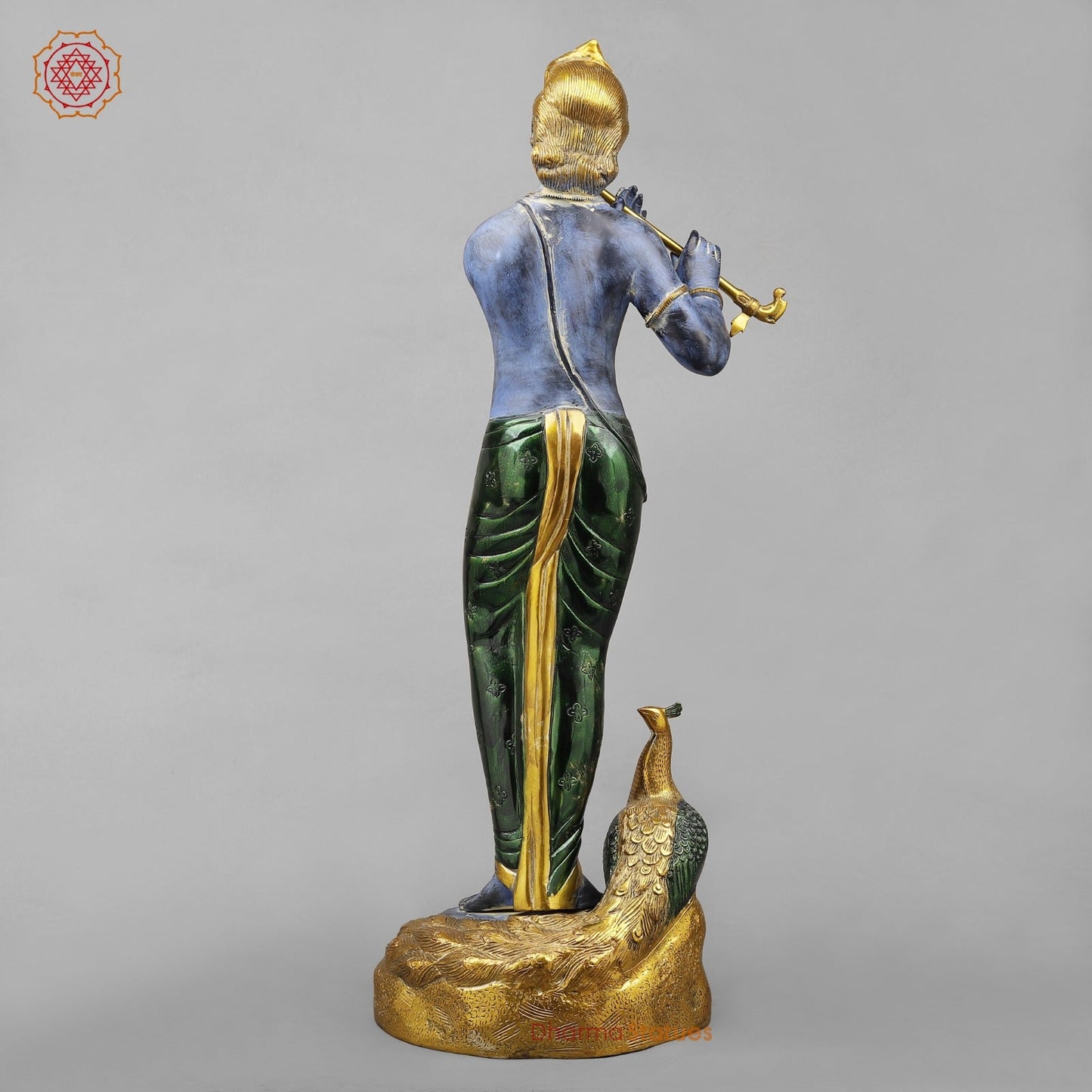 Brass Krishna With Peacock Fine, Antique Turquoise finish 29”