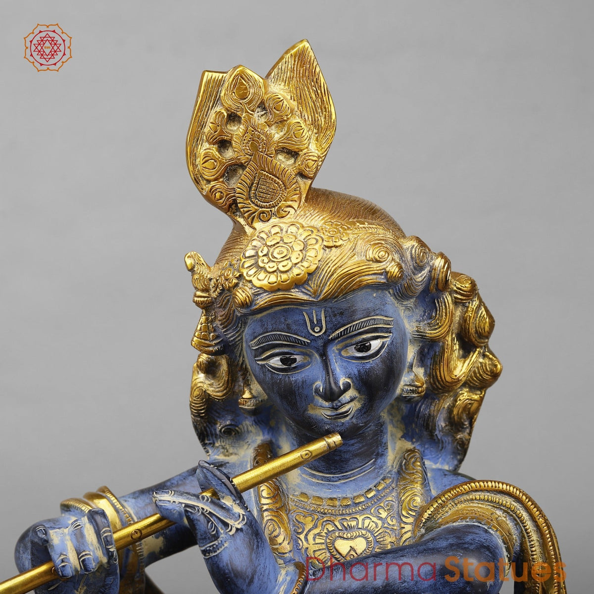 Brass Krishna With Peacock Fine, Antique Turquoise finish 27”