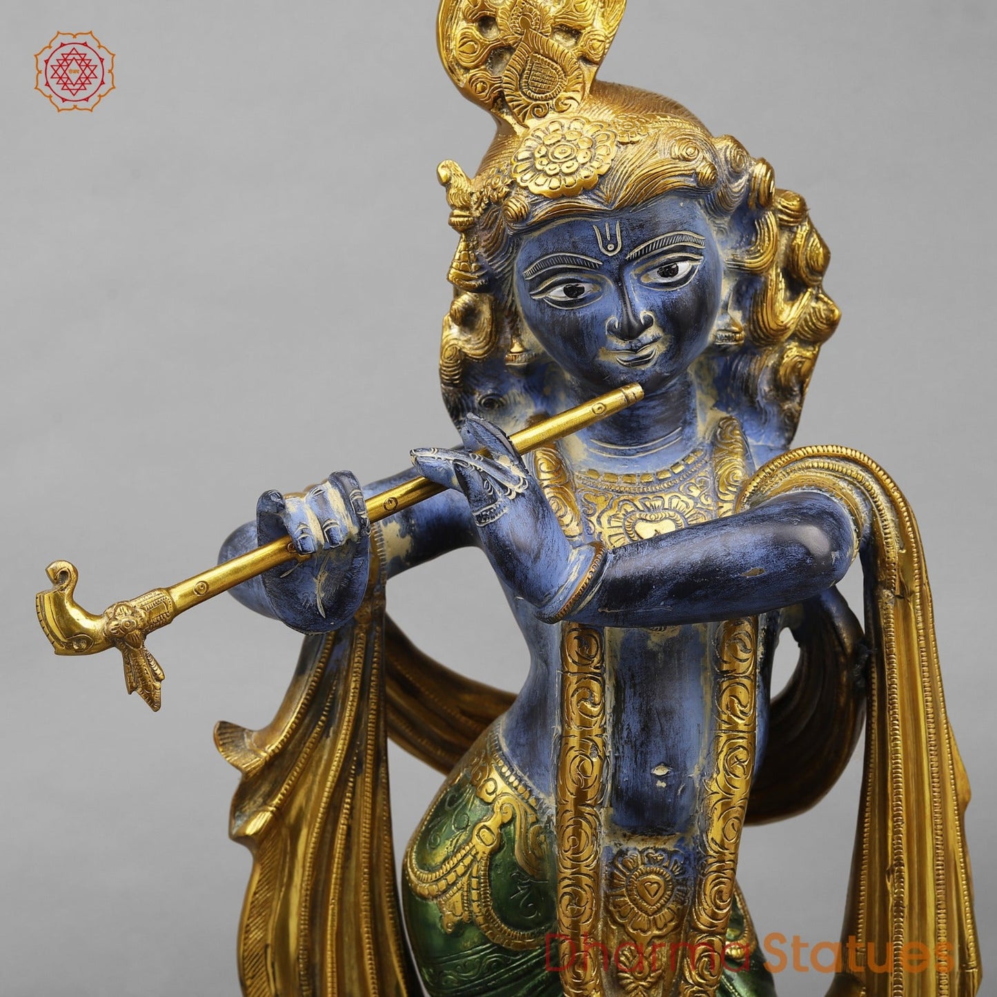 Brass Krishna With Peacock Fine, Antique Turquoise finish 27”