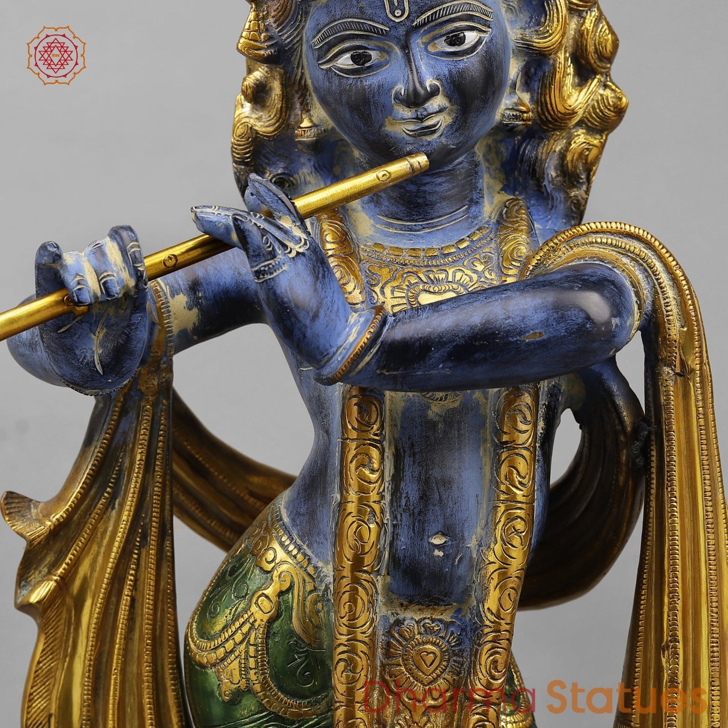 Brass Krishna With Peacock Fine, Antique Turquoise finish 27”