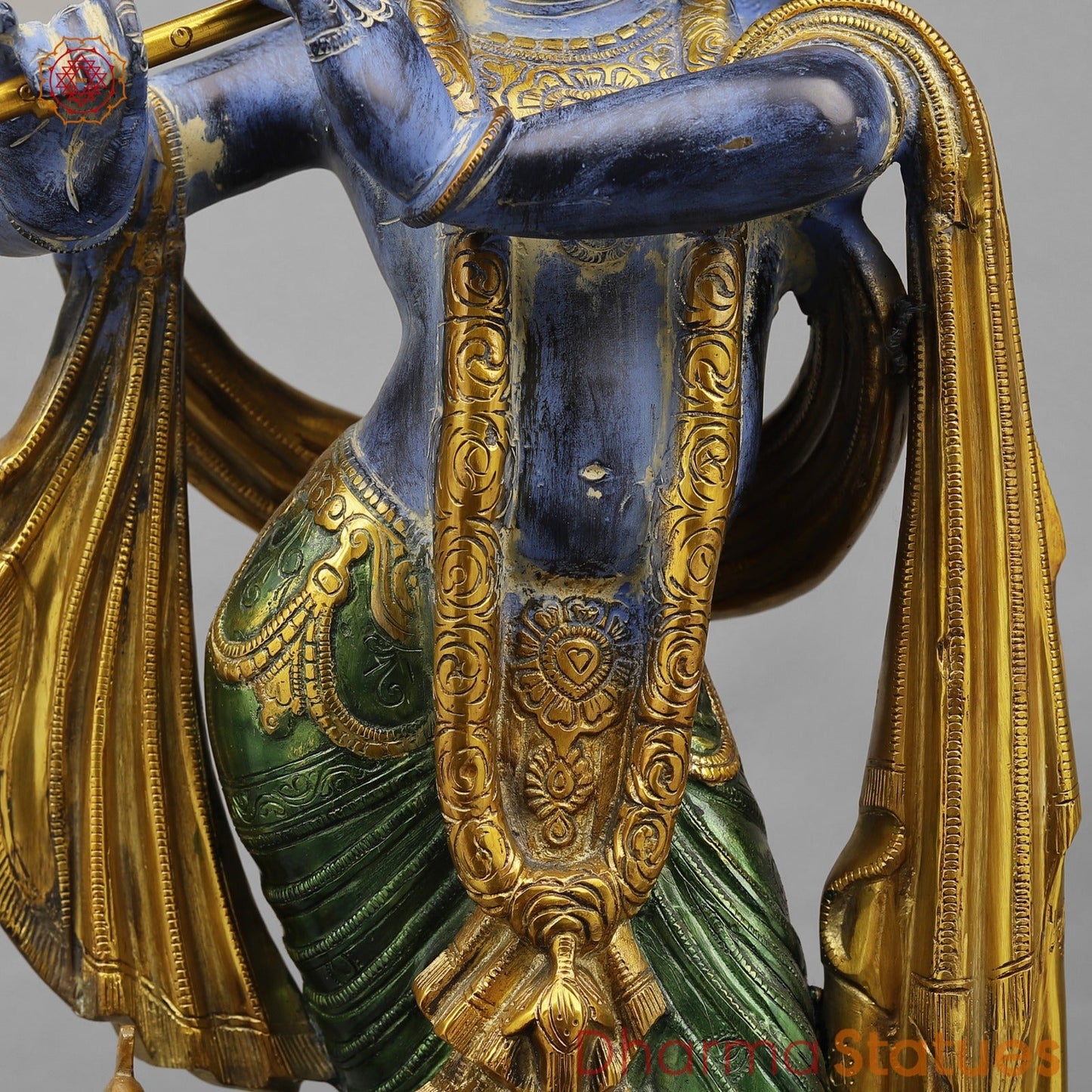 Brass Krishna With Peacock Fine, Antique Turquoise finish 27”
