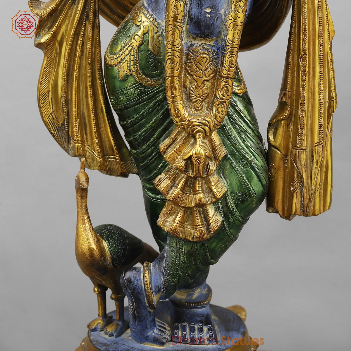 Brass Krishna With Peacock Fine, Antique Turquoise finish 27”
