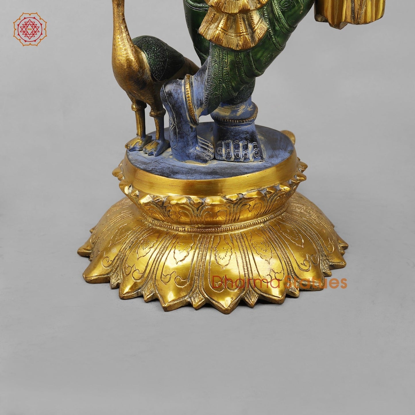 Brass Krishna With Peacock Fine, Antique Turquoise finish 27”