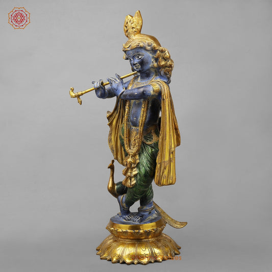 Brass Krishna With Peacock Fine, Antique Turquoise finish 27”