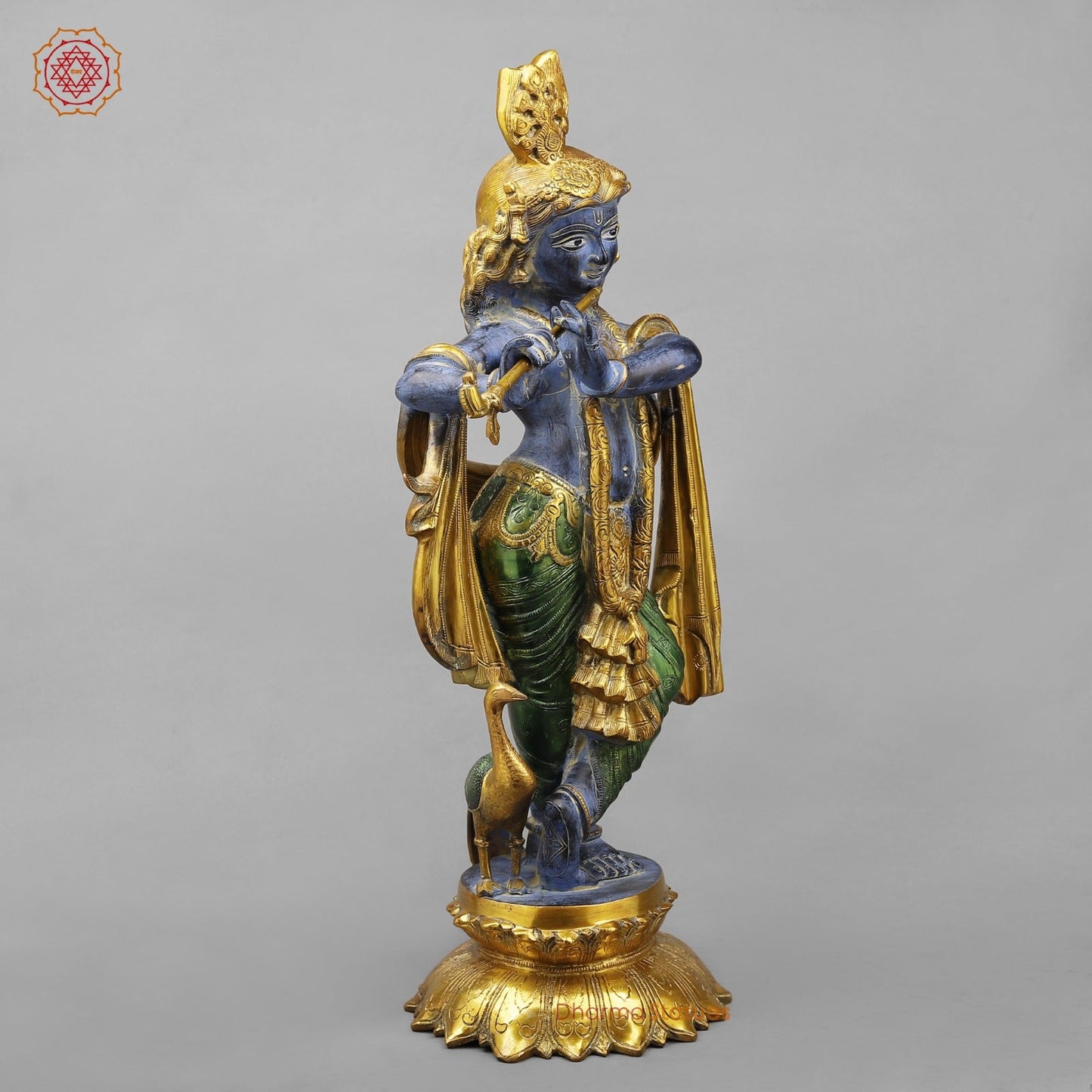 Brass Krishna With Peacock Fine, Antique Turquoise finish 27”