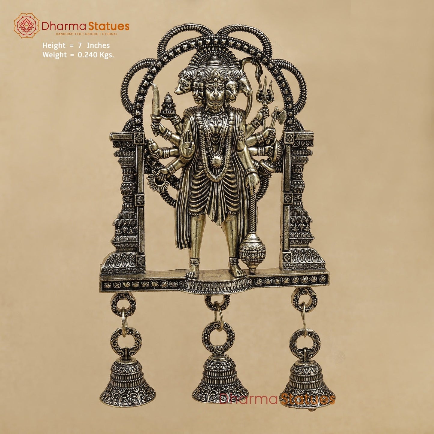 Brass Panchmukhi Hanuman Wall Hanging With bells 7”