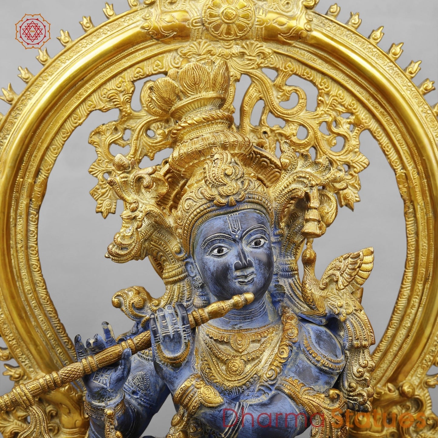 Brass Krishna Standing With fine Prabhavali, Antique Turquoise finish 32”