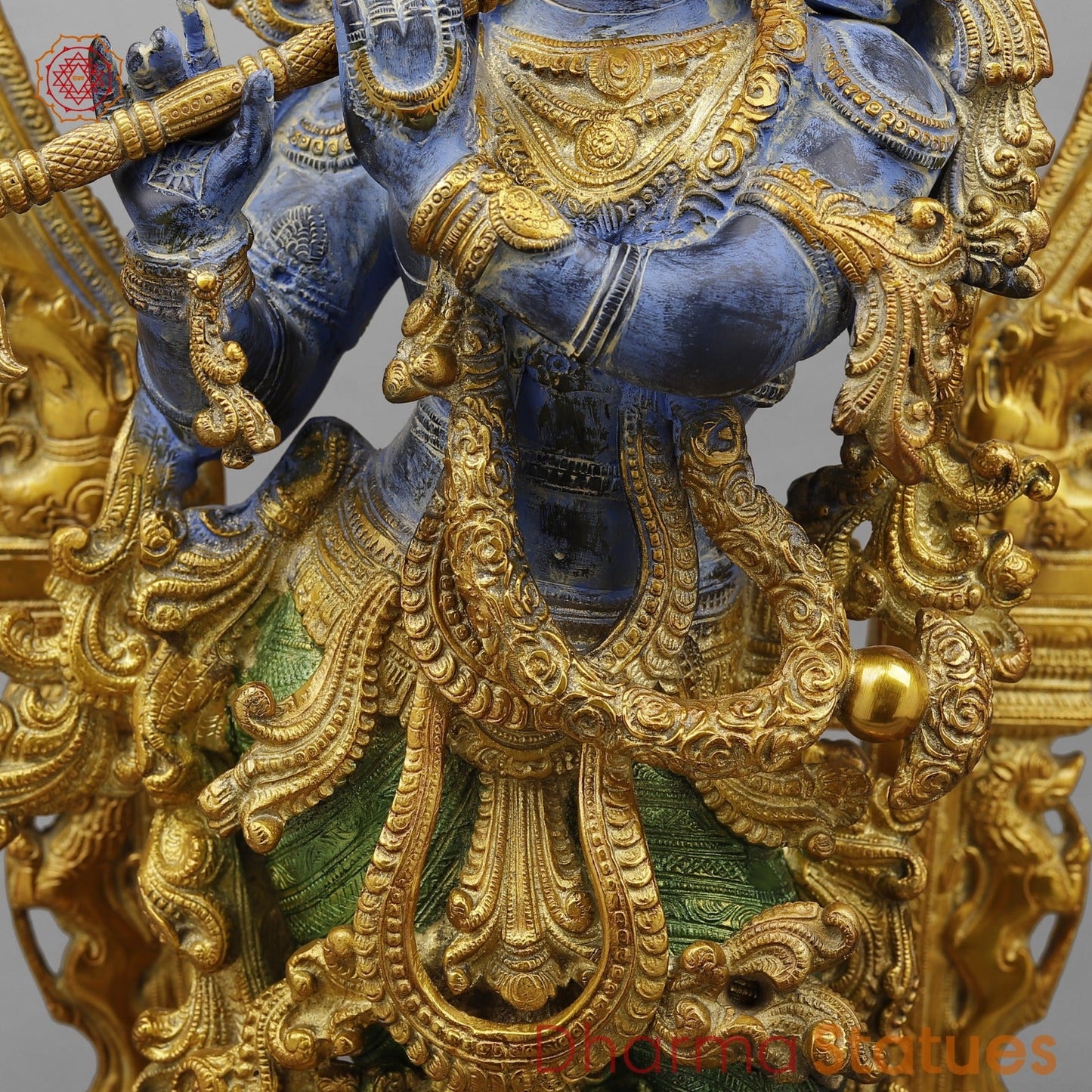Brass Krishna Standing With fine Prabhavali, Antique Turquoise finish 32”