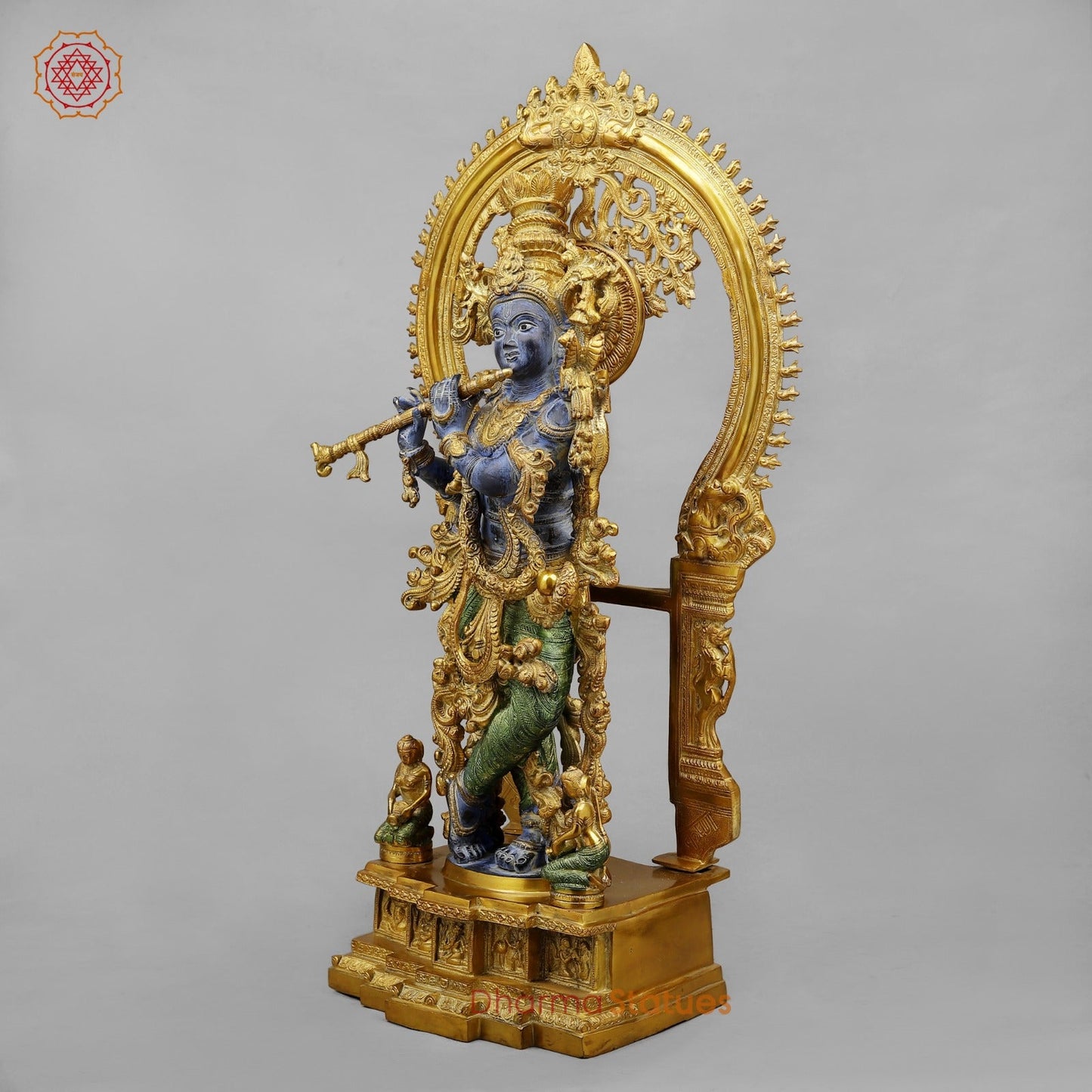 Brass Krishna Standing With fine Prabhavali, Antique Turquoise finish 32”