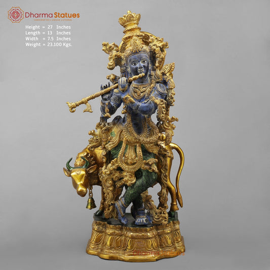 Brass Krishna With Cow Fine, Antique Turquoise finish 27”