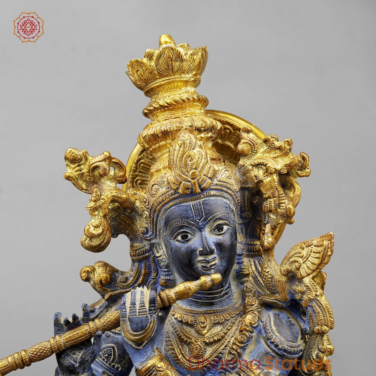 Brass Krishna With Cow Fine, Antique Turquoise finish 27”