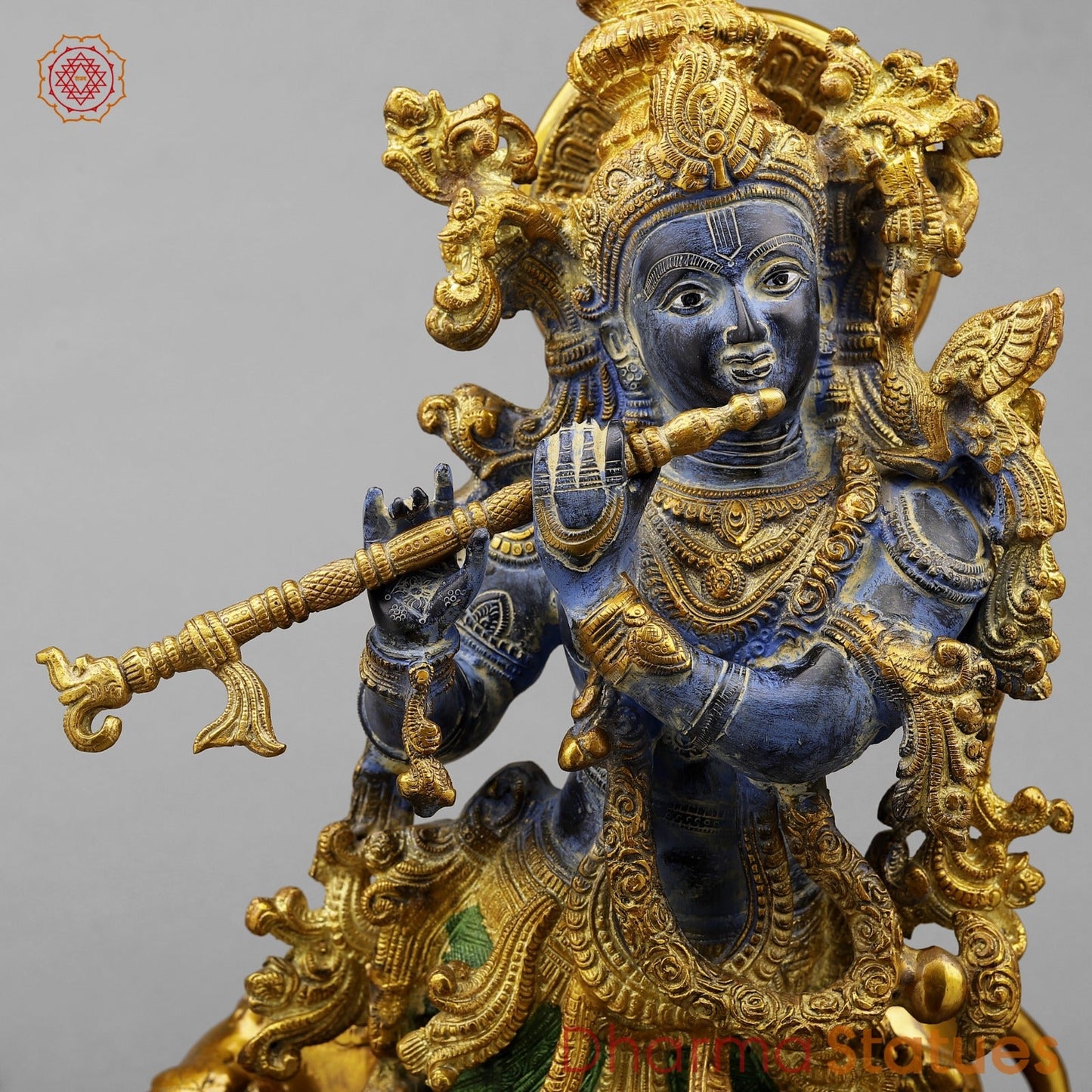 Brass Krishna With Cow Fine, Antique Turquoise finish 27”