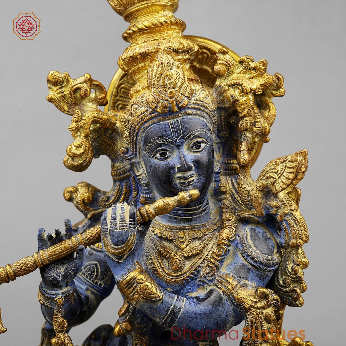 Brass Krishna With Cow Fine, Antique Turquoise finish 27”