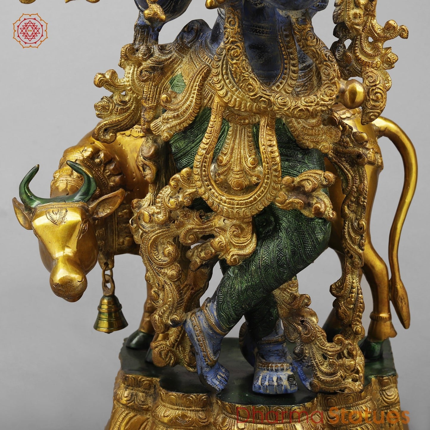 Brass Krishna With Cow Fine, Antique Turquoise finish 27”
