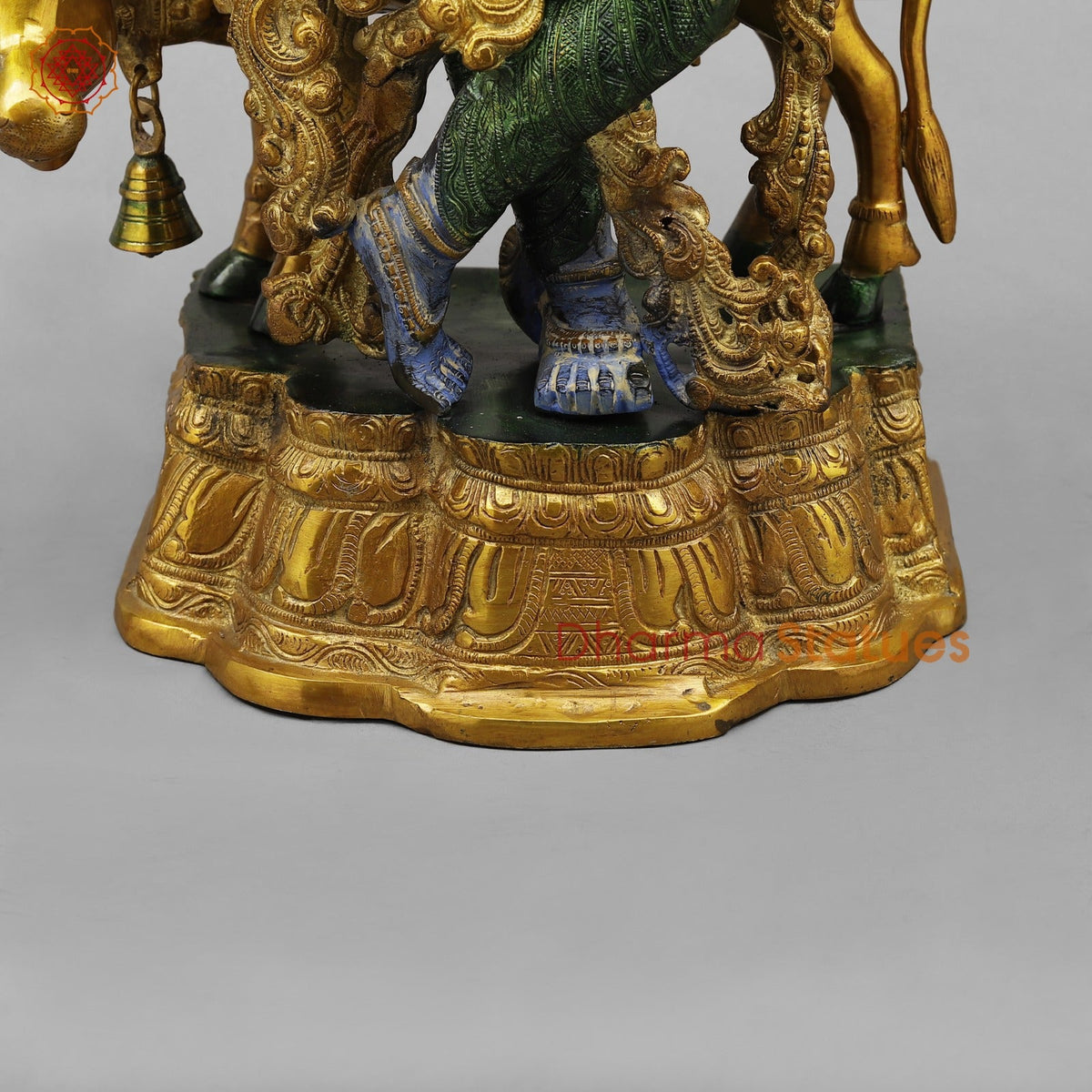 Brass Krishna With Cow Fine, Antique Turquoise finish 27”